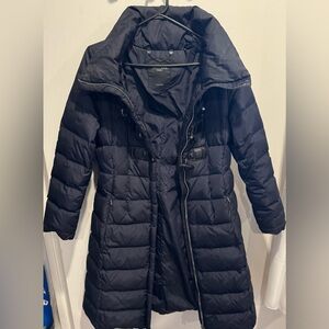 Max Mara Weekend Navy Long Puffer Coat winter warm cinched toggle Italy hood US6